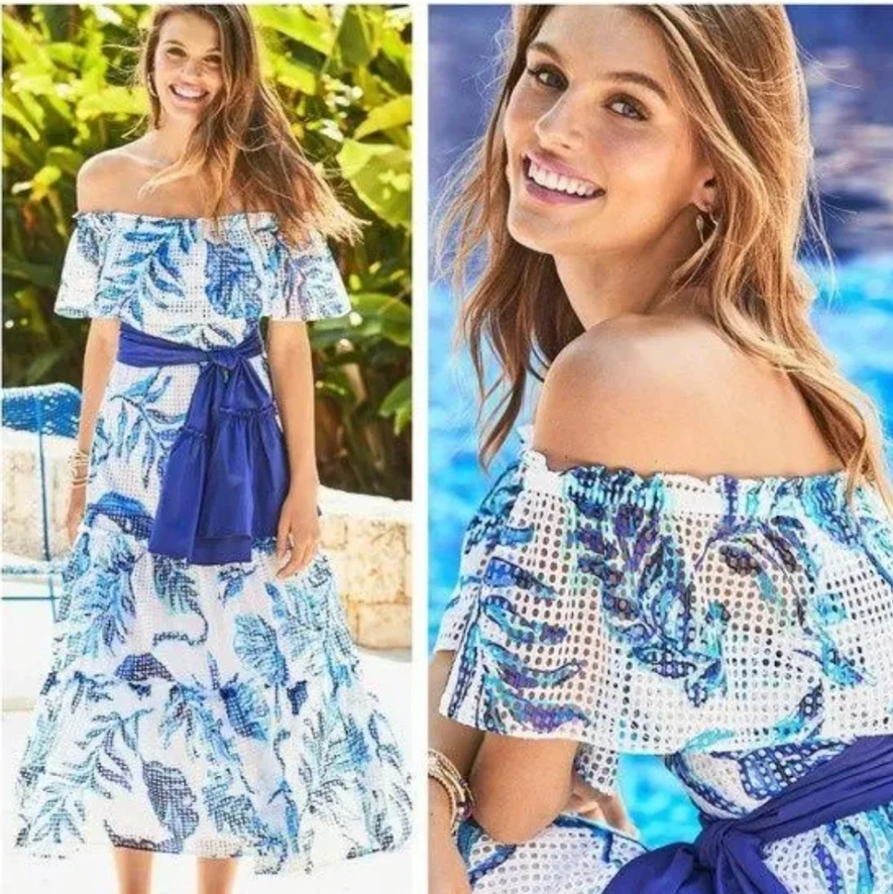 Nwt Lilly Pulitzer Sona White/Blue Floral Off Shoulder Tiered Mesh Midi Dress - Picture 1 of 17